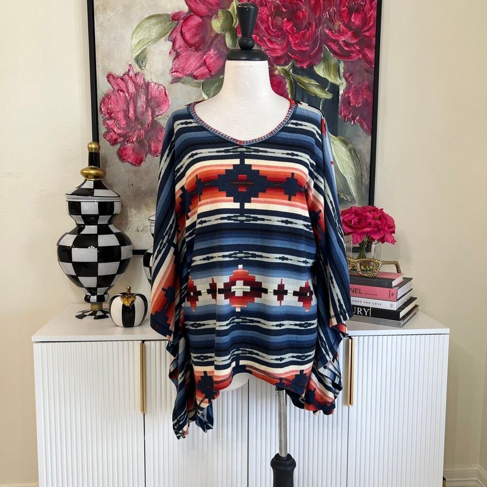 Double D Ranch Women's Bena Southwestern Aztec Blanket Poncho Blue Red Sz Medium